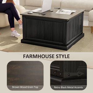 Coffee table with lift-top and charging station in country style, black wood look.