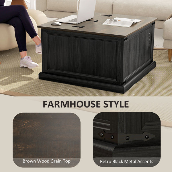 Coffee table with lift-top and charging station in country style, black wood look.