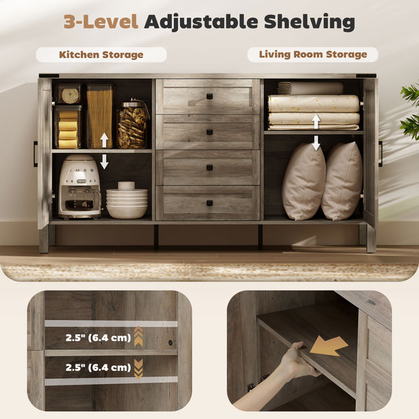 Country style sideboard with thick top, 2 barn doors, 4 drawers and 2 adjustable shelves, gray