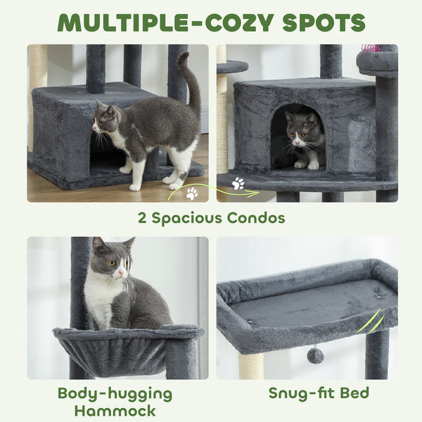 Tall cat tree with scratching posts, perches, caves, hammock and pom-poms, for 2 to 3 indoor cats, dark grey