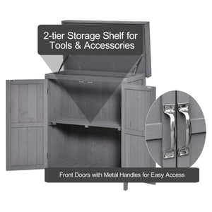 Wooden garden shed with hinged roof, 2-tier shelves and double door