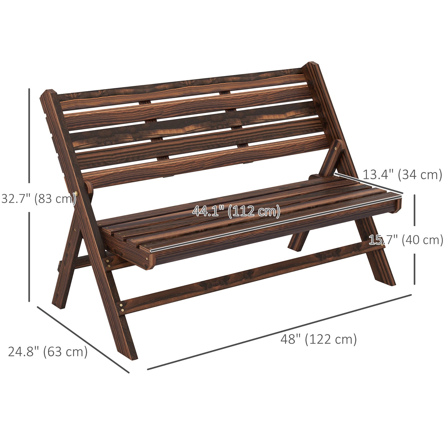 Banc d'extérieur en bois 2 places avec dossier et assise à lattes, finition carbonisée