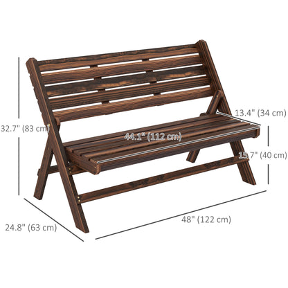 Banc d'extérieur en bois 2 places avec dossier et assise à lattes, finition carbonisée