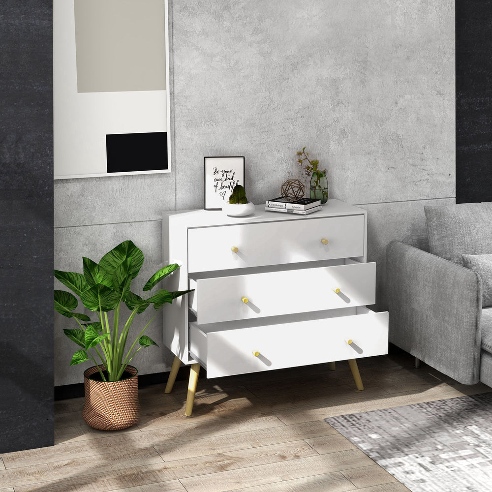 Commode blanche avec 3 tiroirs, commode moderne avec pieds et poignées en bois massif, blanc