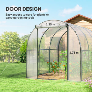 Tunnel greenhouse with roll-up door and mesh window, wind-resistant, transparent