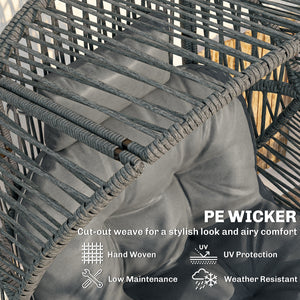 Wicker egg chair with thick cushion, headrest, and steel frame, dark gray