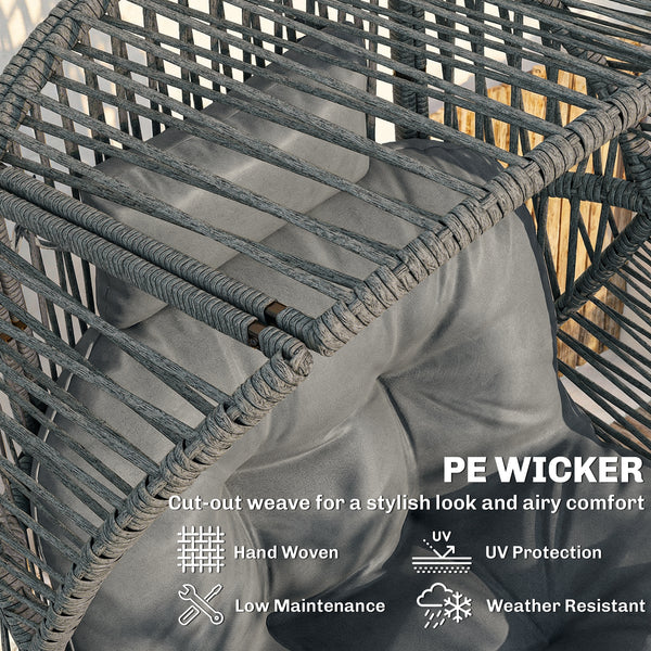 Wicker egg chair with thick cushion, headrest, and steel frame, dark gray