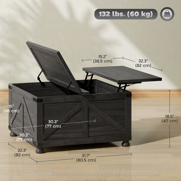 Table basse avec plateau relevable de style campagnard avec compartiment caché pour le salon, grain de bois noir