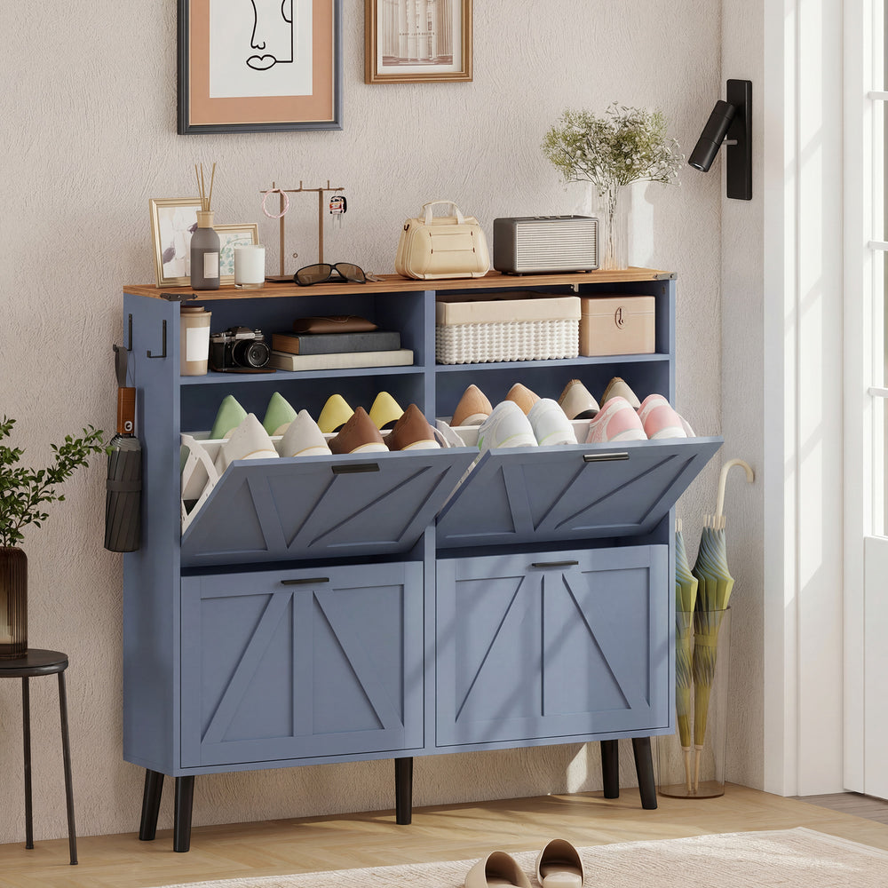 Meuble à chaussures avec 4 tiroirs rabattables, style campagnard, étroit, peut contenir jusqu'à 24 paires, bleu