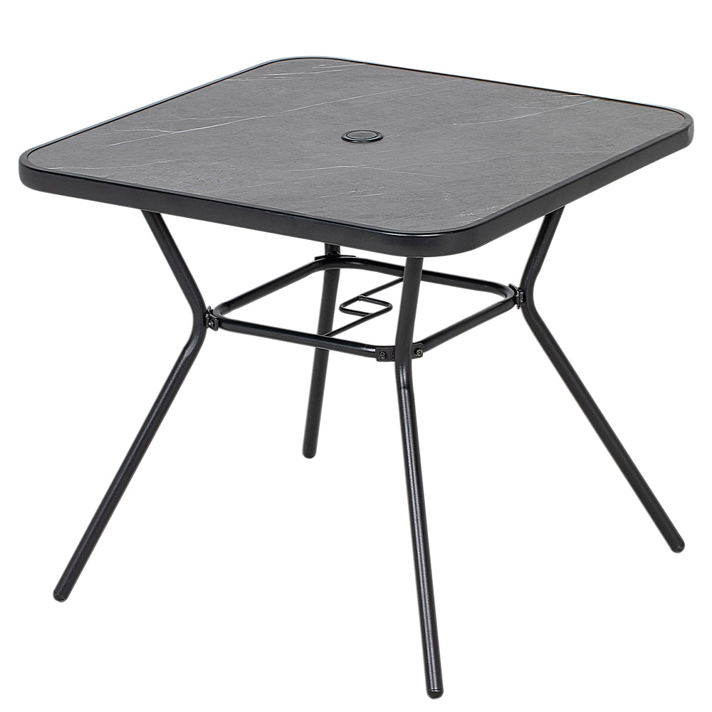 Table d'extérieur carrée avec plateau en faux marbre et trou pour parasol, gris foncé
