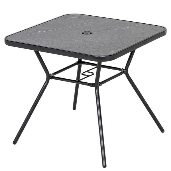 Table d'extérieur carrée avec plateau en faux marbre et trou pour parasol, gris foncé