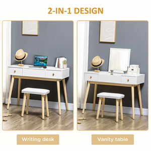 Coiffeuse avec miroir rabattable et tabouret rembourré, blanc