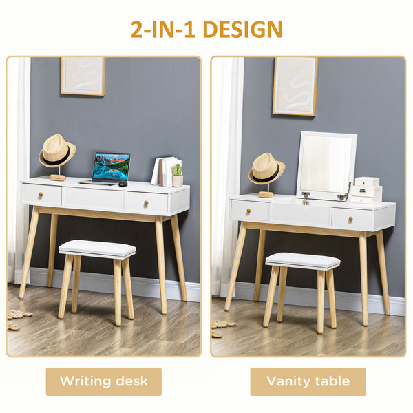 Coiffeuse avec miroir rabattable et tabouret rembourré, blanc