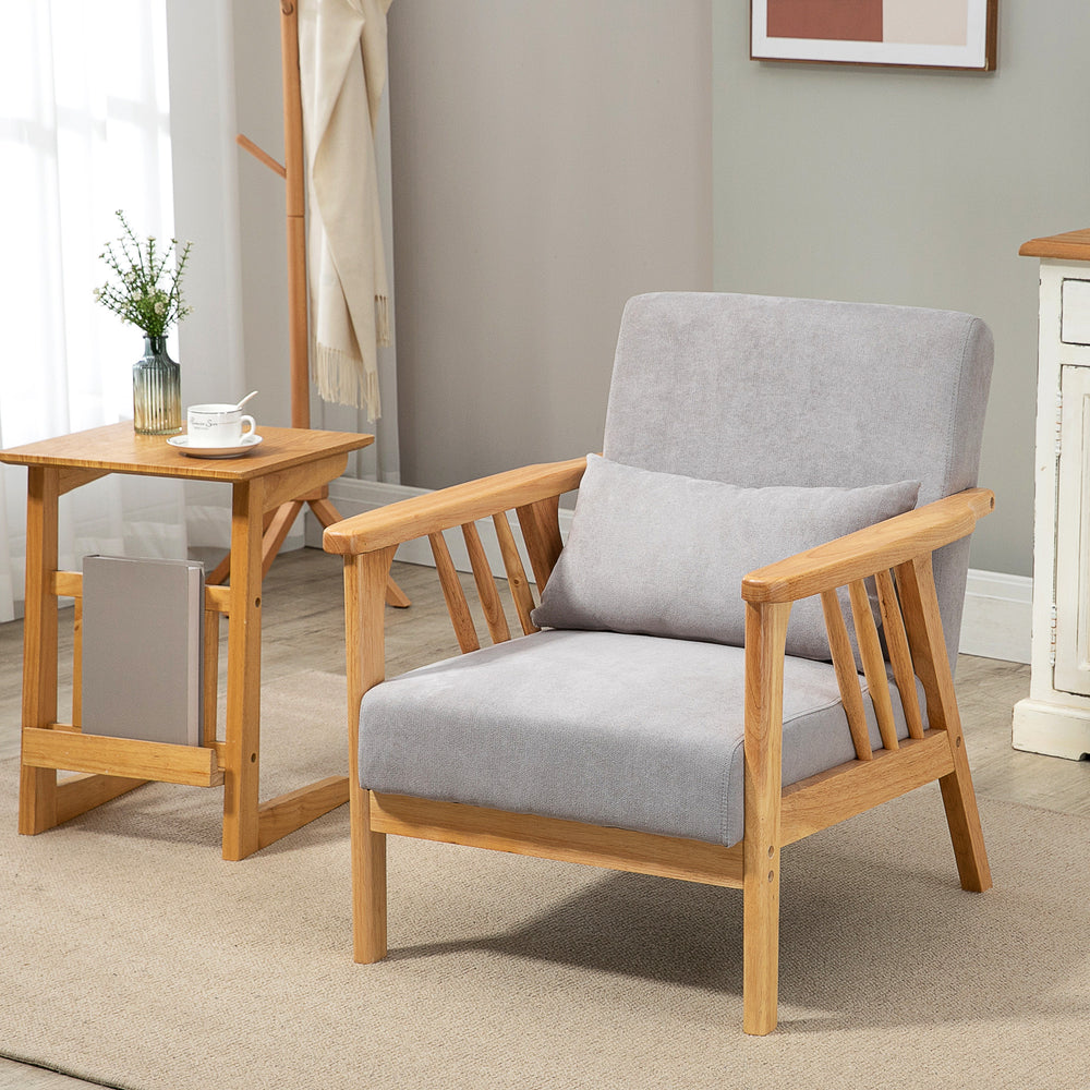 Fauteuil rembourré avec structure en bois d'hévéa, gris