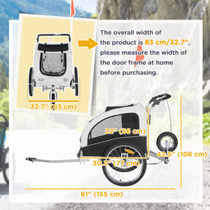 Remorque vélo pour chien 2-en-1 avec suspension et poches de rangement, blanche
