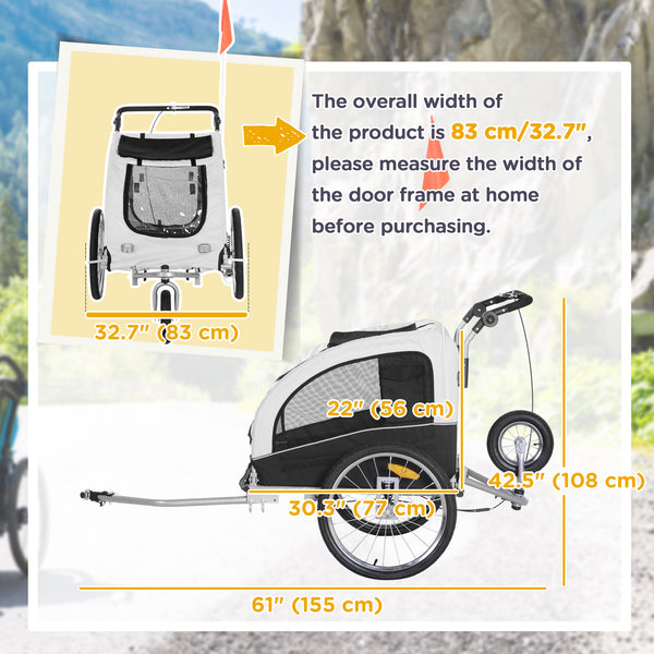Remorque vélo pour chien 2-en-1 avec suspension et poches de rangement, blanche