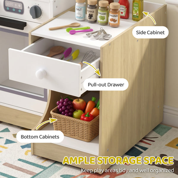 Qaba Kids Kitchen Playset, 2-in-1 Convertible Table and Chair Set with Sink, Oven, Microwave, Accessories for Ages 3-8