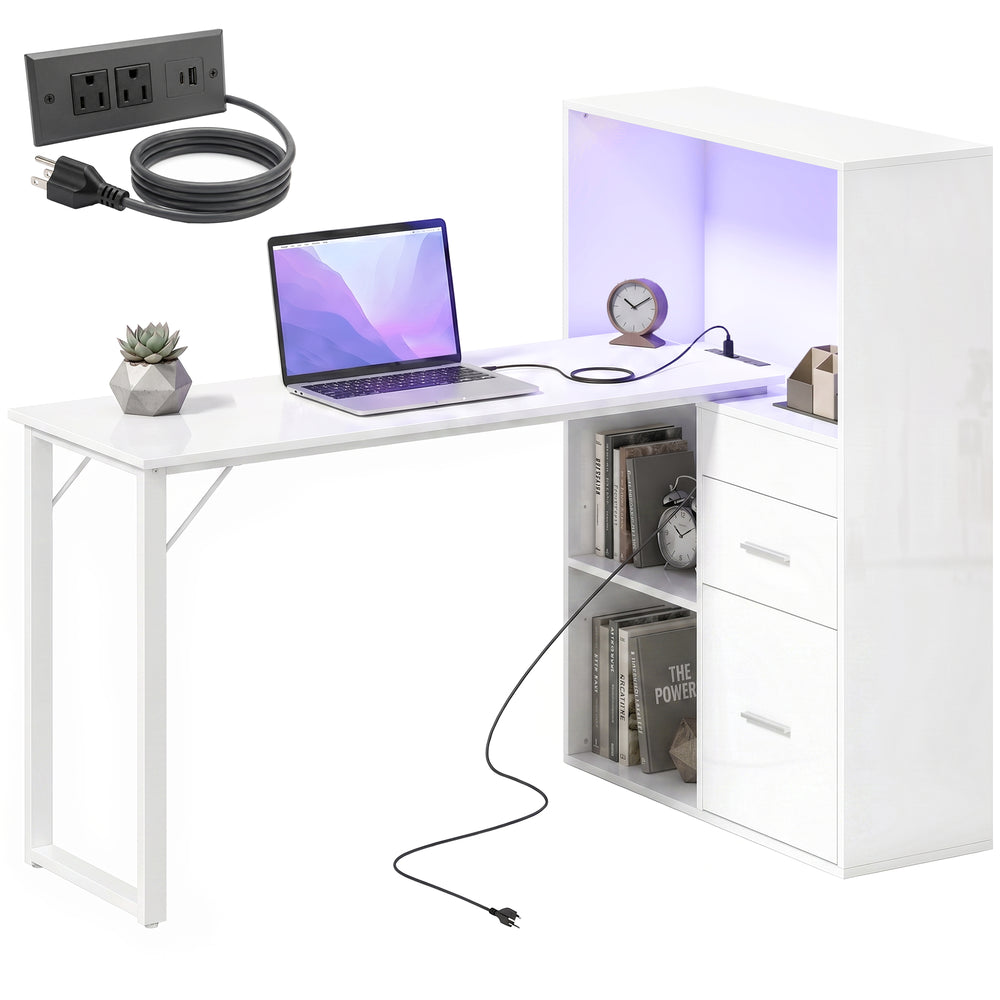 Bureau d'ordinateur 54" avec tiroirs et rangement, prises électriques et éclairage LED, blanc