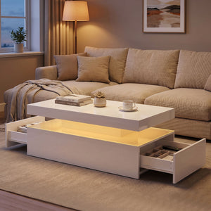 Table basse avec rangement à 2 niveaux et 2 tiroirs pour salon, blanc brillant