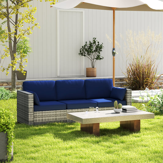 Outsunny 3 Seater Outdoor Sofa with Cushions, Synthetic Rattan Garden Sofa with Cushions for Garden, Poolside, Dark Blue