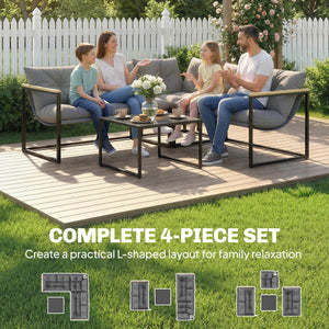 Ensemble de mobilier de patio 4 pièces avec coussins épais et table basse, gris