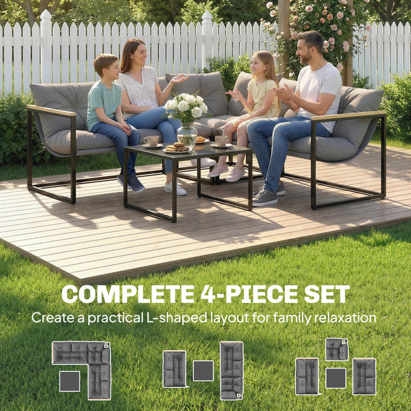 Ensemble de mobilier de patio 4 pièces avec coussins épais et table basse, gris