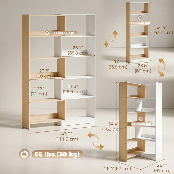 Bibliothèque en L à 5 niveaux avec rotation à 350°, design bicolore, bois fruitier/blanc
