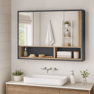 Armoire murale de salle de bain avec miroir et 8 compartiments de rangement, gris