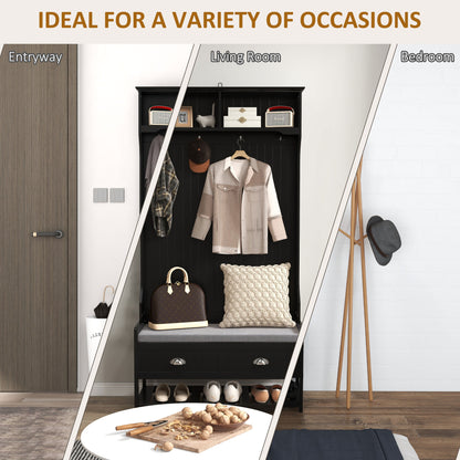 Hallway bench with 4 hooks, 2 drawers, 2 shelves, black