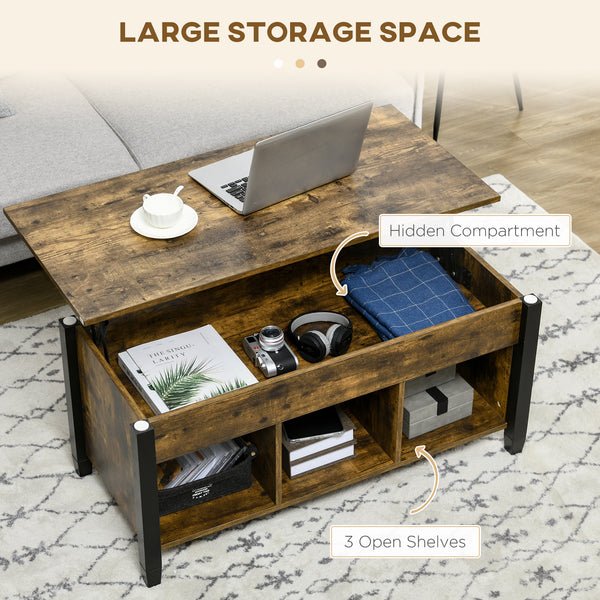 Table basse relevable avec compartiment de rangement dissimulé, 3 étagères inférieures, marron rustique