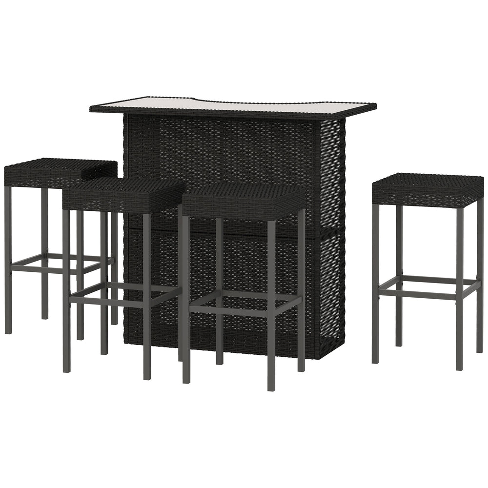 Ensemble de bar de terrasse 5 pièces en rotin synthétique noir avec table à plateau en verre trempé et chaises hautes