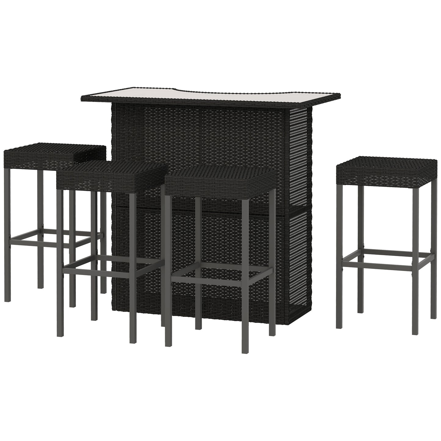 Outsunny 5 Pieces Patio Bar Set, Outdoor PE Rattan Wicker High Top Outdoor Table and Chairs with Glass Top Bar Table and Shelves, 4 Bar Chairs, Black |