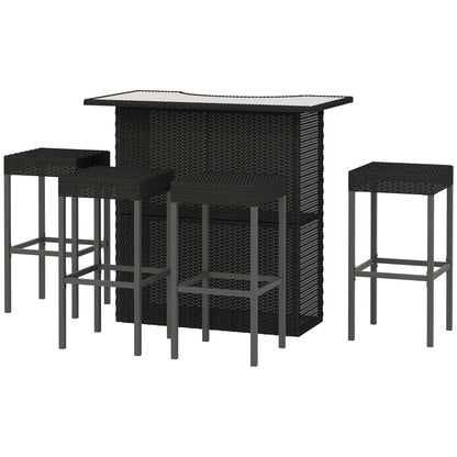 Outsunny 5 Pieces Patio Bar Set, Outdoor PE Rattan Wicker High Top Outdoor Table and Chairs with Glass Top Bar Table and Shelves, 4 Bar Chairs, Black |