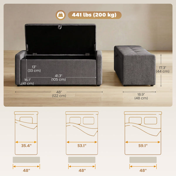 Banc-pouf de rangement avec revêtement en tissu aspect lin, assise large rembourrée, gris foncé