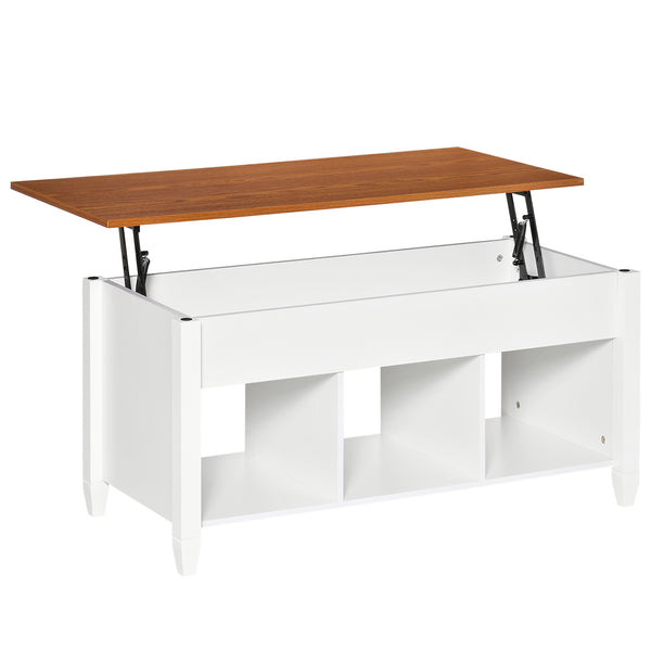 Table basse relevable avec compartiment de rangement dissimulé, blanc et marron
