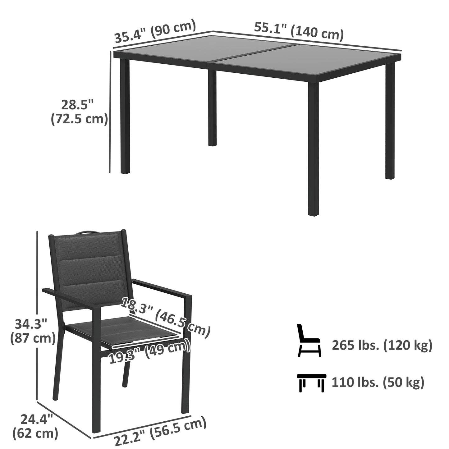 Ensemble de salle à manger d'extérieur 5 pièces avec 4 chaises empilables, table rectangulaire, plateau en verre trempé, structure en acier, noir