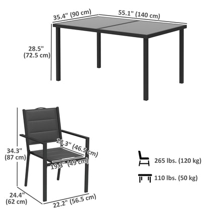 Ensemble de salle à manger d'extérieur 5 pièces avec 4 chaises empilables, table rectangulaire, plateau en verre trempé, structure en acier, noir