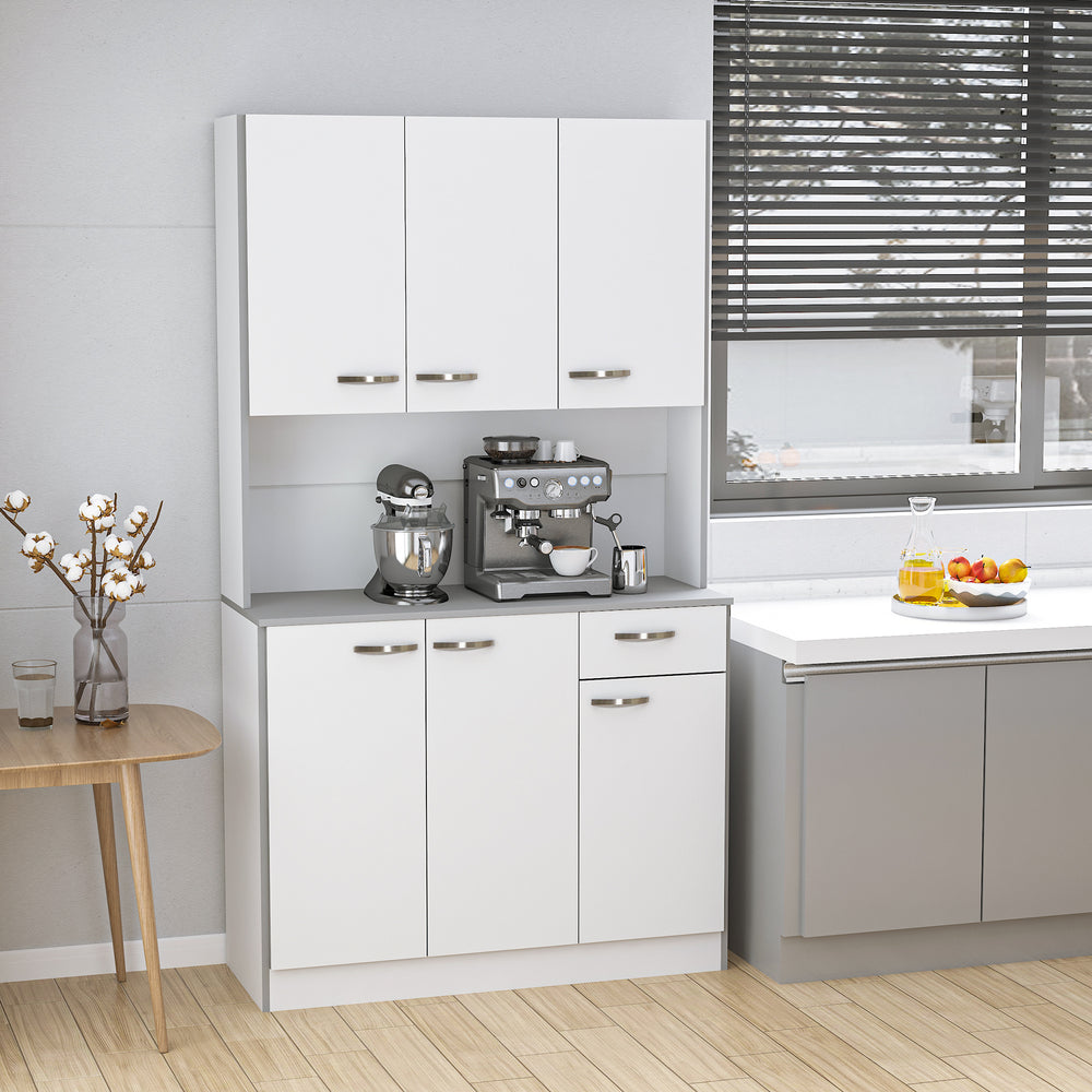 Buffet moderne avec placards de rangement, tiroir, espace ouvert pour micro-ondes, blanc