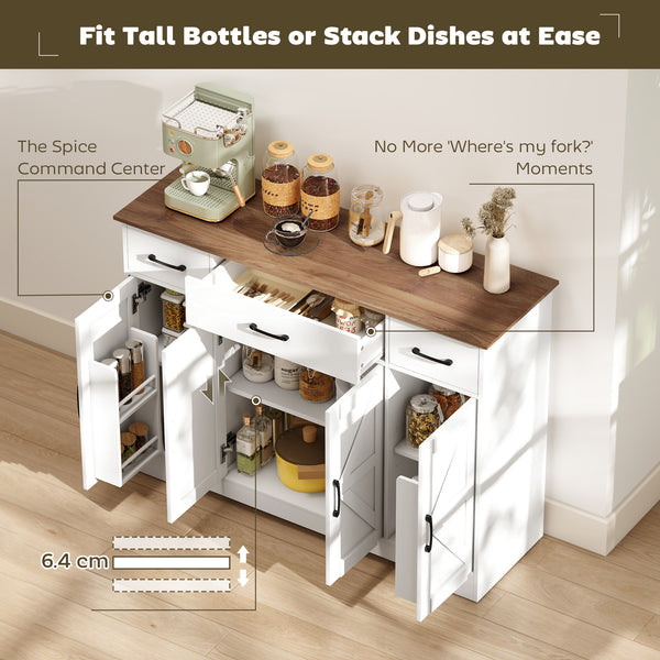 Buffet 47 po avec charnières à fermeture douce, style campagnard, avec 3 tiroirs, étagères réglables et porte-épices, blanc