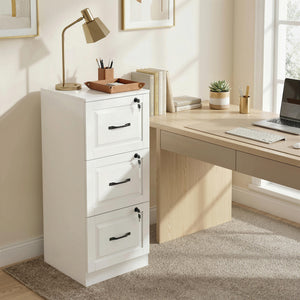3-drawer vertical filing cabinet with lock, equipped with adjustable hanging rails for A4 and Letter sizes, white.