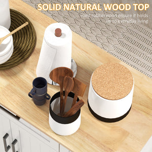 Îlot de cuisine roulant moderne avec tiroirs, plateau en bois naturel, porte-serviettes et placard de rangement, blanc