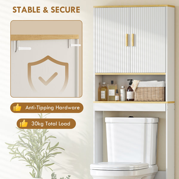 Storage unit to be installed above the toilet, adjustable shelf, bathroom storage cabinet, white and oak