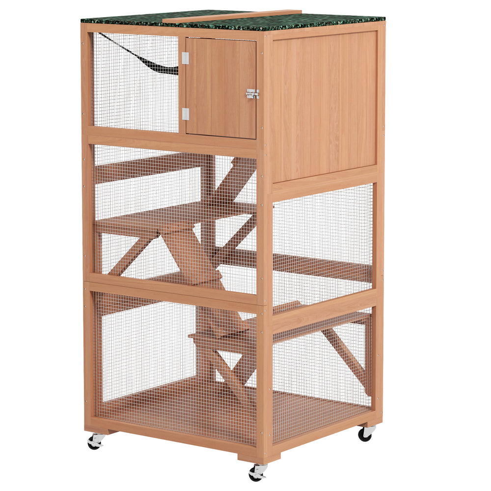 Enclos pour chats sur roulettes avec hamac et plusieurs plateformes de repos, beige