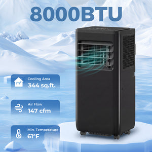 Climatiseur portable 4 en 1, 8000 BTU avec fonctions refroidissement, déshumidification, ventilation, mode sommeil, télécommande vocale Wi-Fi, noir