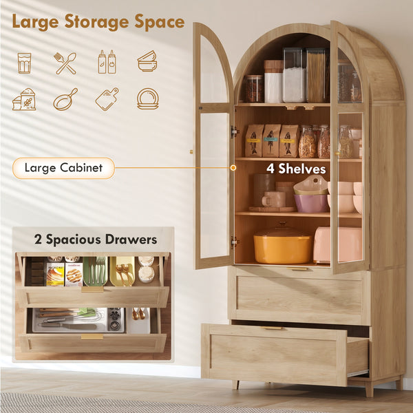 Garde-manger haut effet chêne avec portes arquées, tiroirs et tablettes ajustables