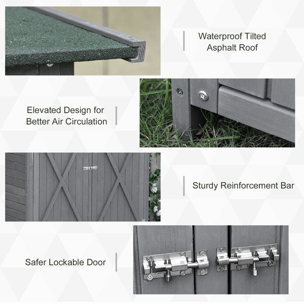 Abri de jardin avec toit en asphalte, double porte en bois, étagère, vert et gris