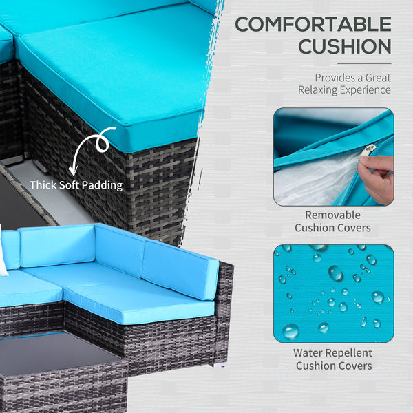 7-piece rattan furniture set with cushions and coffee table, blue