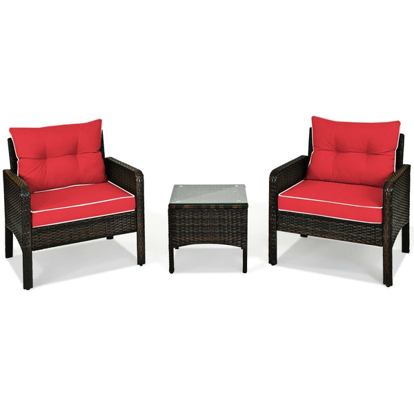 3-Piece Outdoor Patio Rattan Conversation Set with Seat Cushions - Red