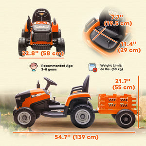 Tracteur 12 V orange avec remorque, télécommande, musique, lumières