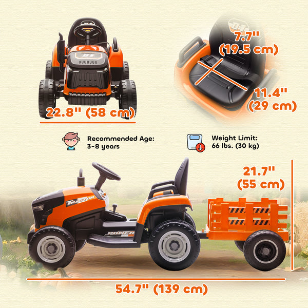 Tracteur 12 V orange avec remorque, télécommande, musique, lumières